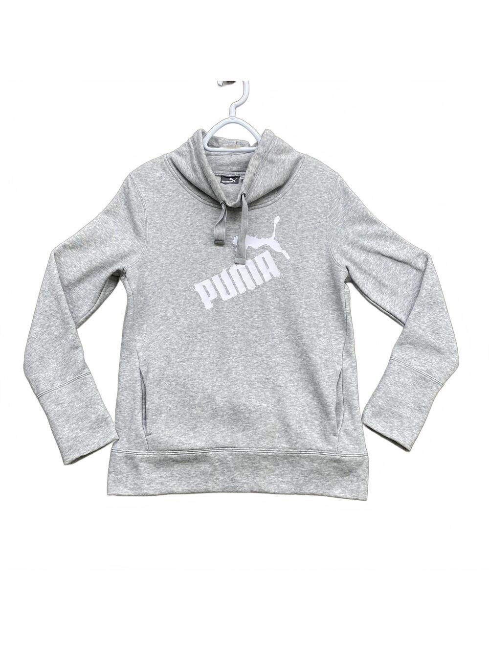 Puma Womens Mock Neck Pullover Hoodie Gray Size S Big Logo Sweatshirt Athleisure